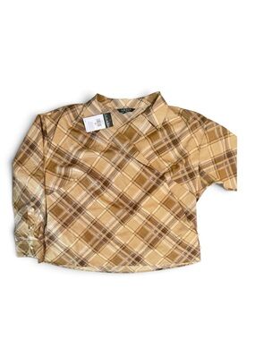 Lauren Ralph Lauren Tan and Brown Plaid Lightweight Wrap Blouse 1X